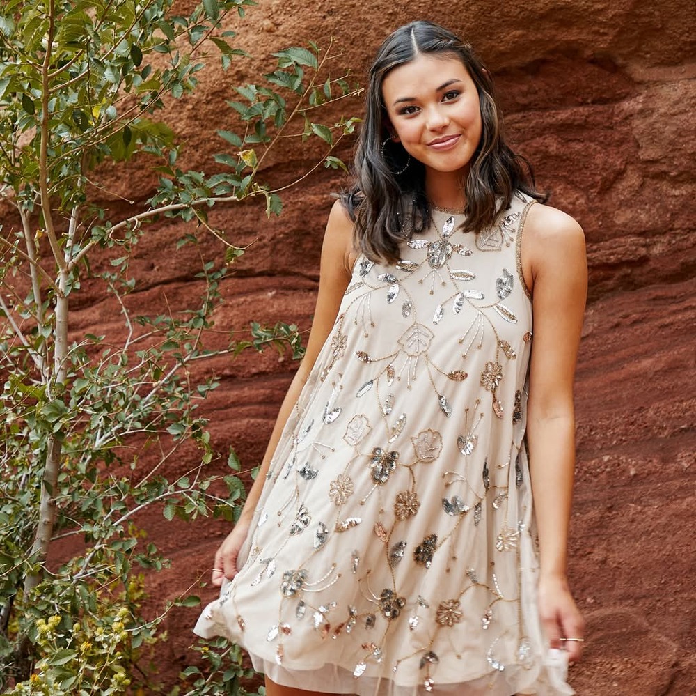 NWT Altar'd State Ivory Beaded Sequin Mini Dress L Homecoming Fairycore Formal